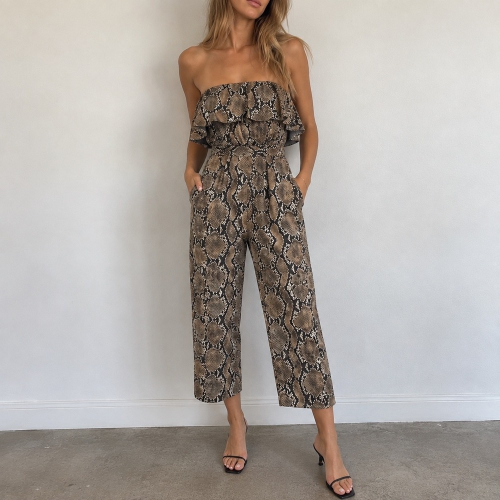 Babaton Altamira Brown Snakeskin Off Shoulder Wide Leg Jumpsuit Size 8 Mob Wife
